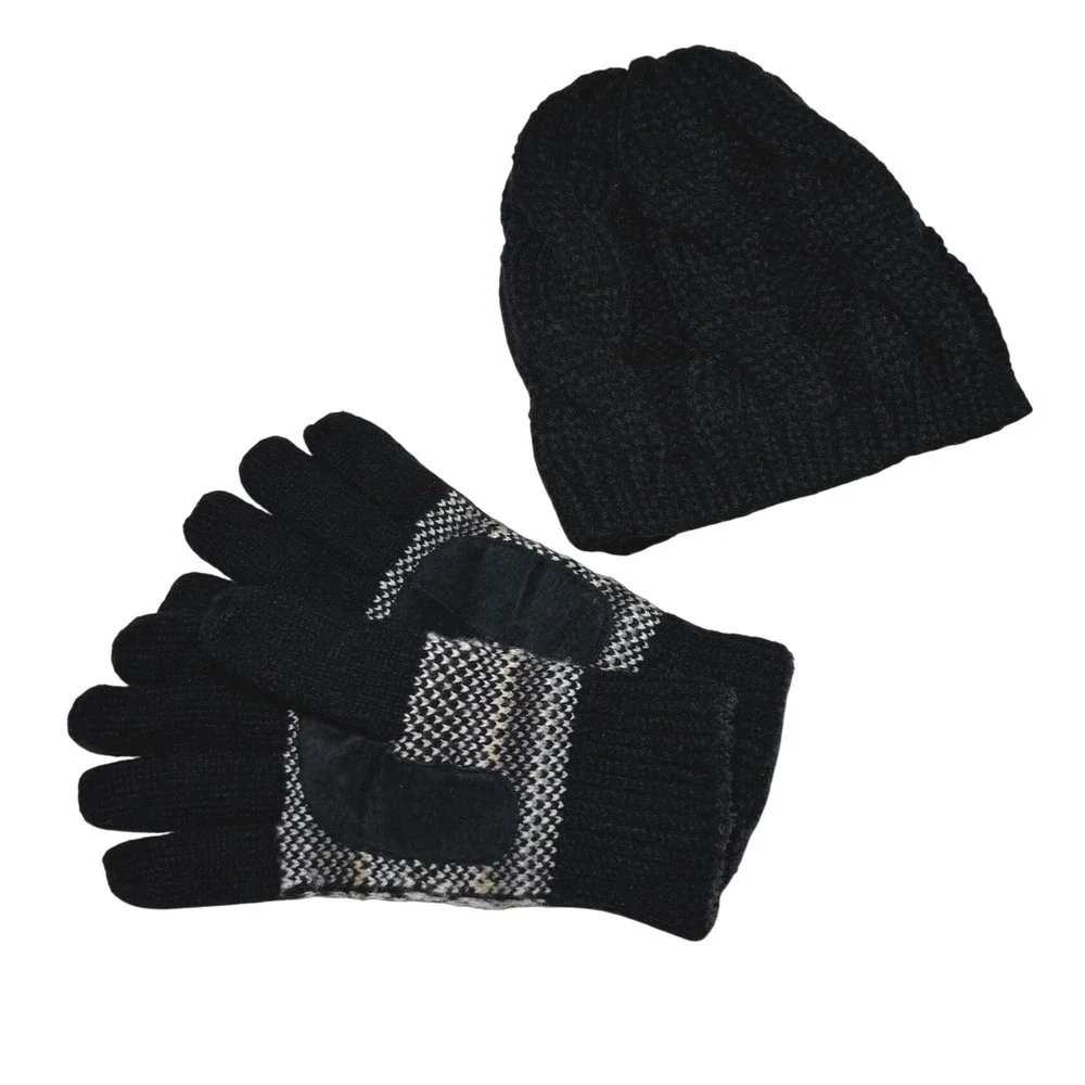 Black Knit Beanie and Fair Isle Gloves‎ Set Winter Warm Cozy